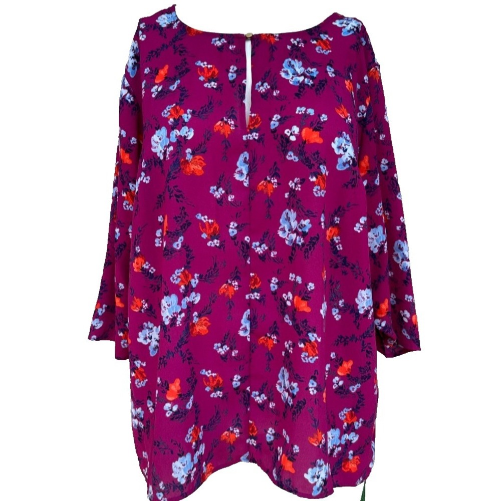 Ava Viv Top 1X Maroon Floral Keyhole Peasant Cottagecore Boho Plus Size Country